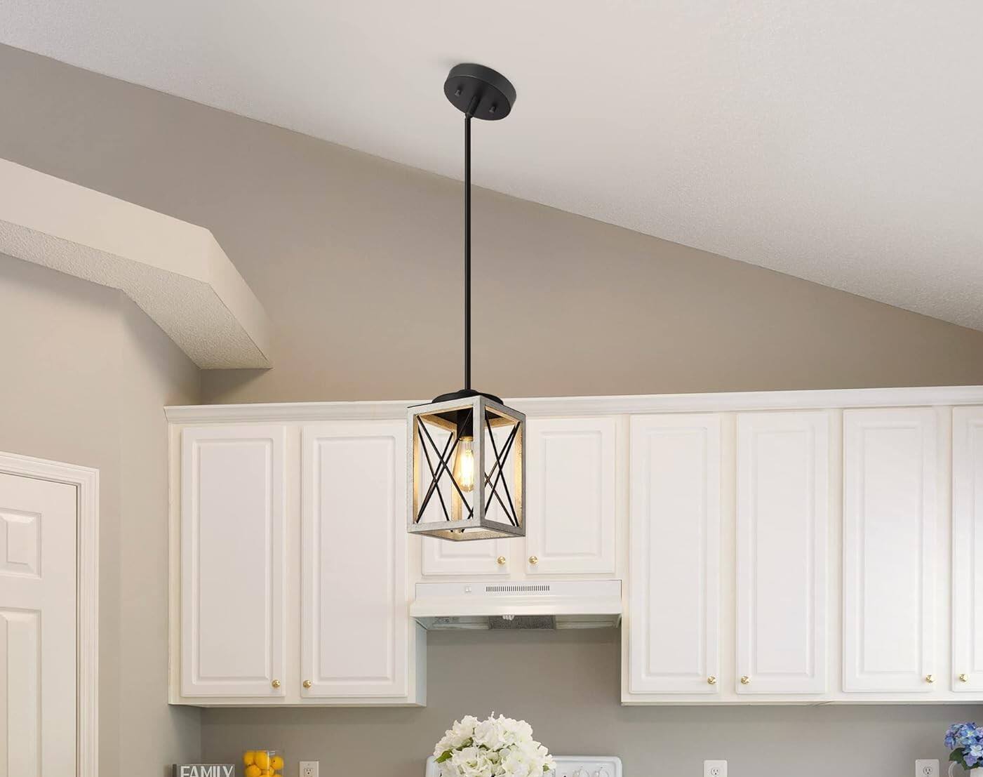 Alt View 4. FINEAK - Adjustable Farmhouse Pendant Light-Rustic Wood Grain Metal Fixture - White.