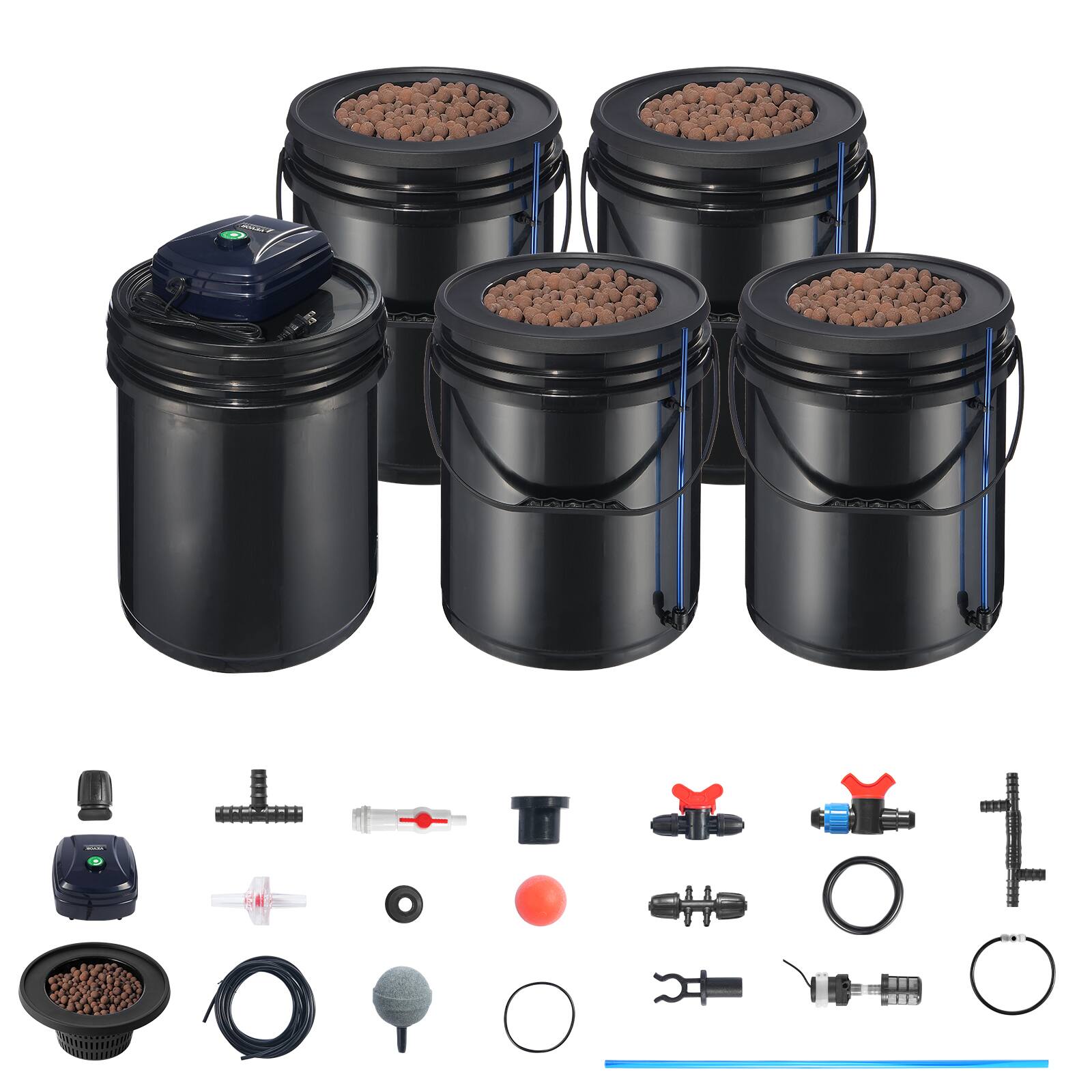 Alt View 5. VEVOR - RDWC Hydroponics Grow System, Hydroponic Growing Kit with Top Drip, Recirculating Deep Water Culture 4 Buckles - Black.