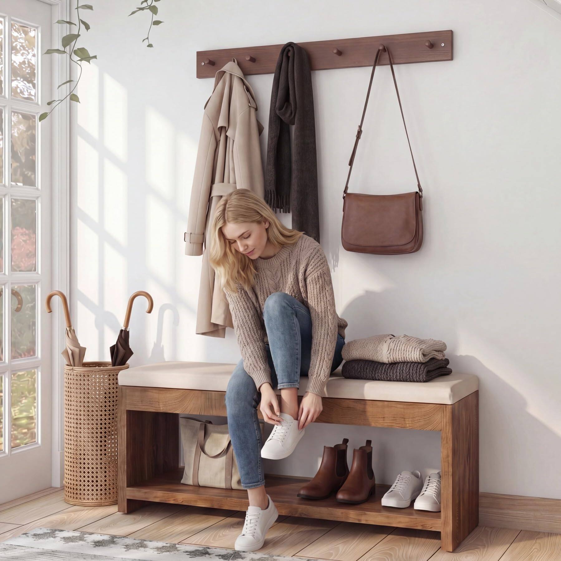 Back. Tribesigns - 2-Tier Entryway Bench with Storage, 55.1-Inch Wooden Shoe Bench with Padded Seat Cushion and Shoe Rack for Living Room, - Brown and White.