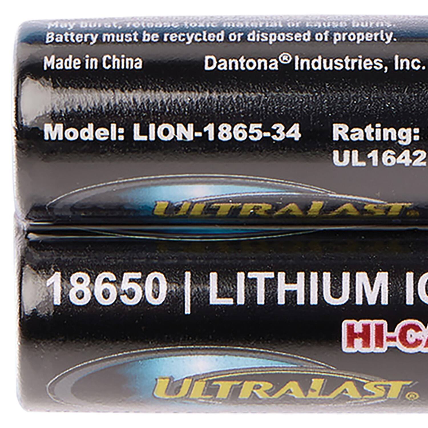 May burst, release toxic material or cause burns. Battery must be recycled or disposed of properly.

Made in China

Dantona® Industries, Inc.

Model: LION-1865-34

Rating: UL1642

18650 | LITHIUM ION

HI-C

ULTRA LAST®