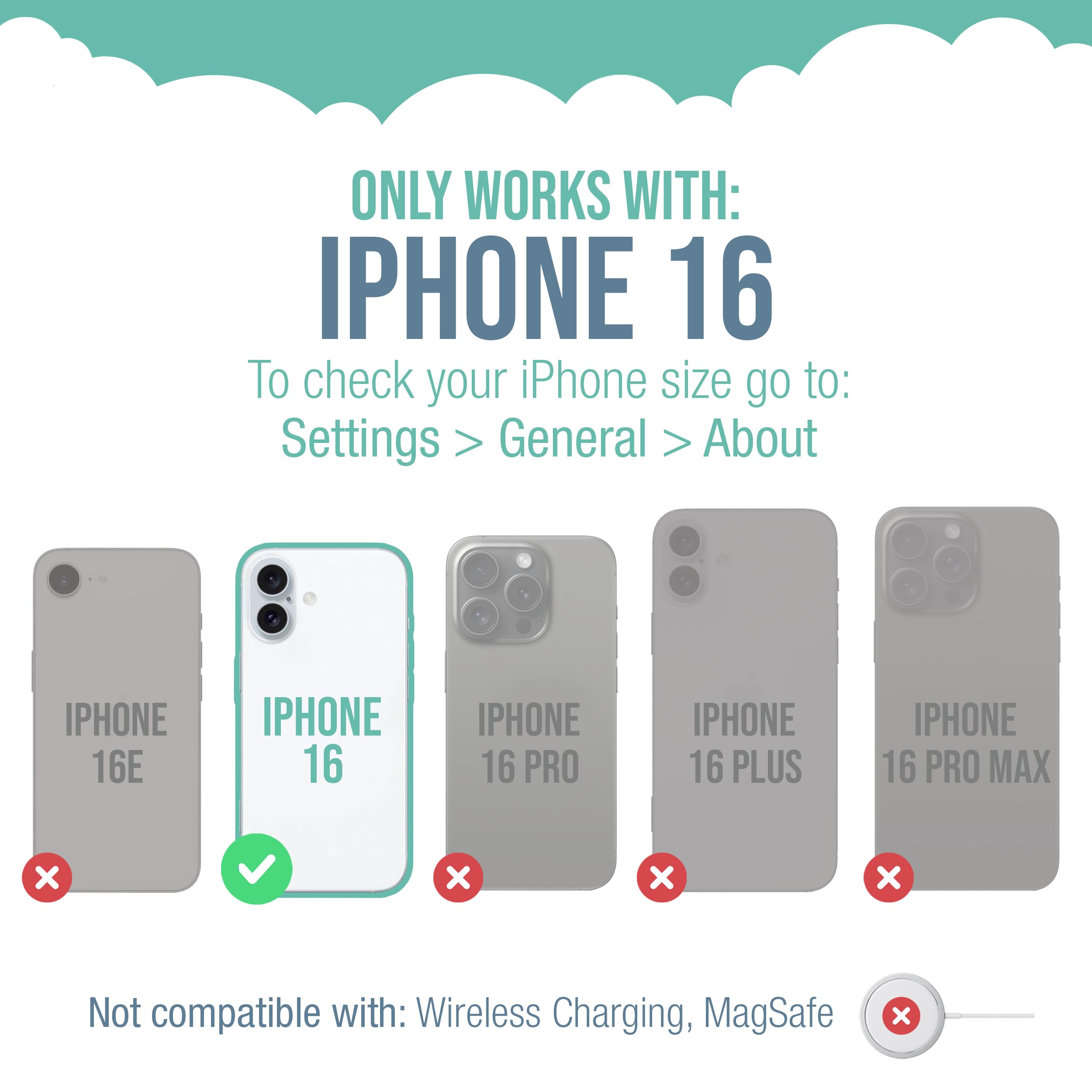 ONLY WORKS WITH: IPHONE 16

To check your iPhone size go to: Settings > General > About

IPHONE 16E
IPHONE 16
IPHONE 16 PRO
IPHONE 16 PLUS
IPHONE 16 PRO MAX

Not compatible with: Wireless Charging, MagSafe
