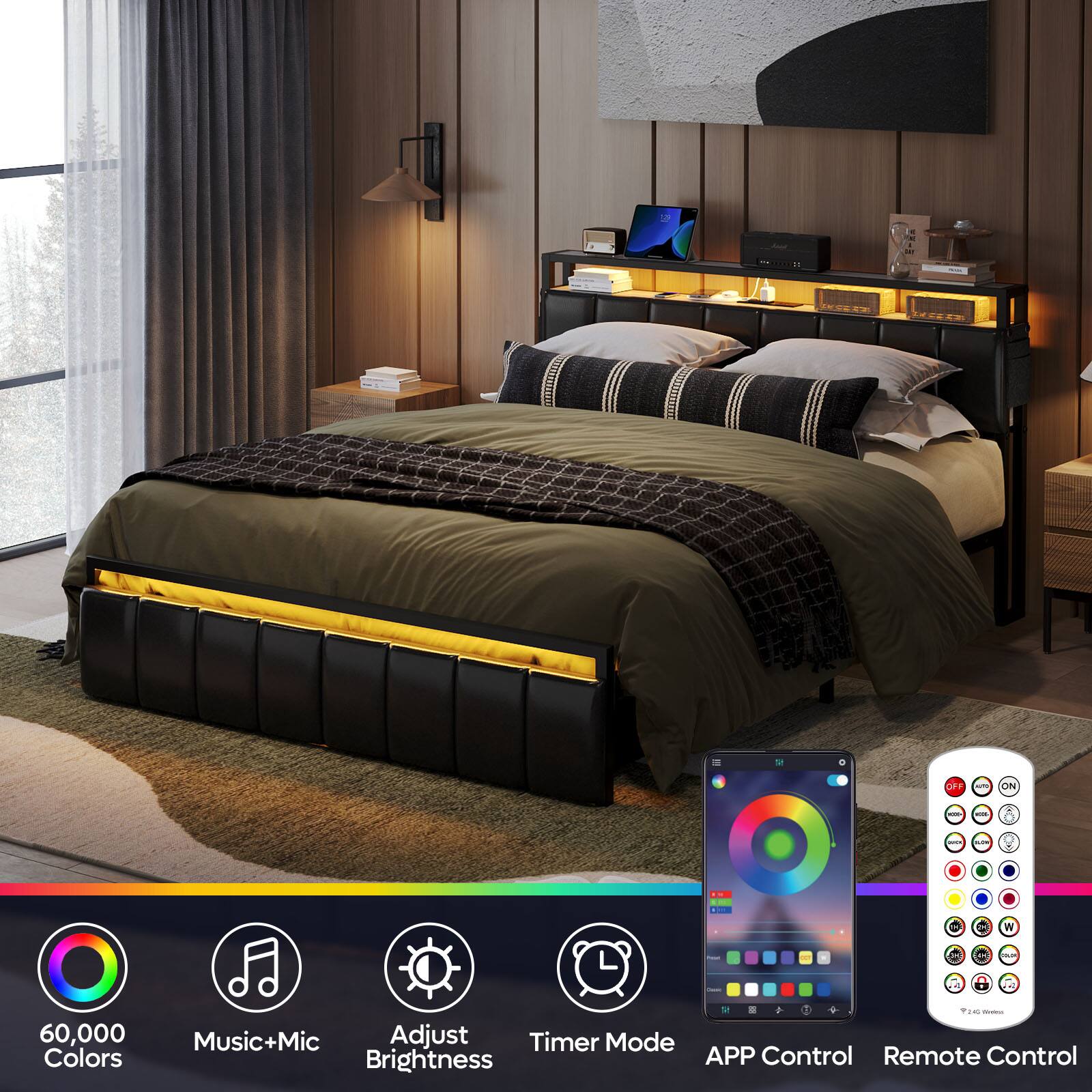 - 11
- OFF
- ON
- and.
- W
- 60,000 Colors
- 25 HD
- Music+Mic
- Adjust
- Timer Mode
- Brightness
- APP Control
- Remote Control