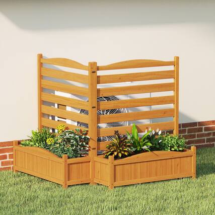 Front. Gymax - Gymax Air Conditioner Fence w/Planter Box 2-Panel Freestanding Wood Privacy Screen - Yellow.