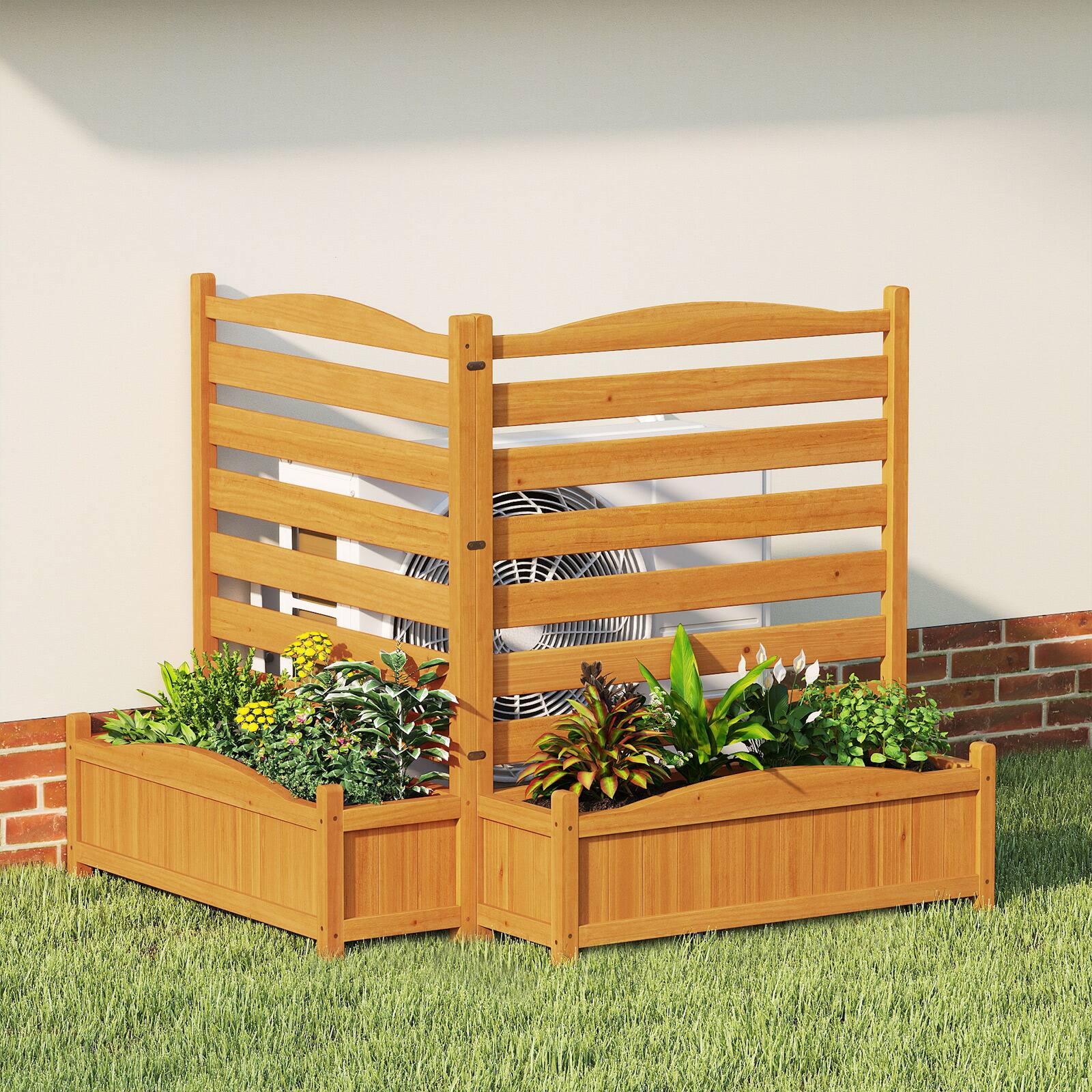 Front. Gymax - Gymax Air Conditioner Fence w/Planter Box 2-Panel Freestanding Wood Privacy Screen - Yellow.