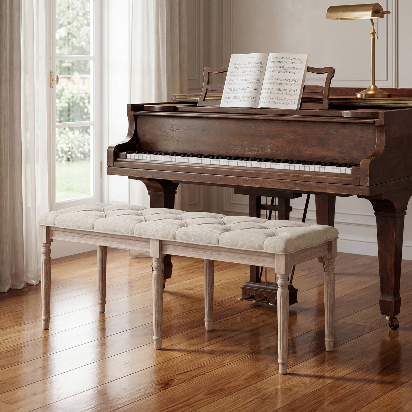 Alt View 4. Costway - Costway 2 PCS 47.5” End of Bed Bench w/Tufted Decoration & Antiqued Legs for Living Room - Beige.