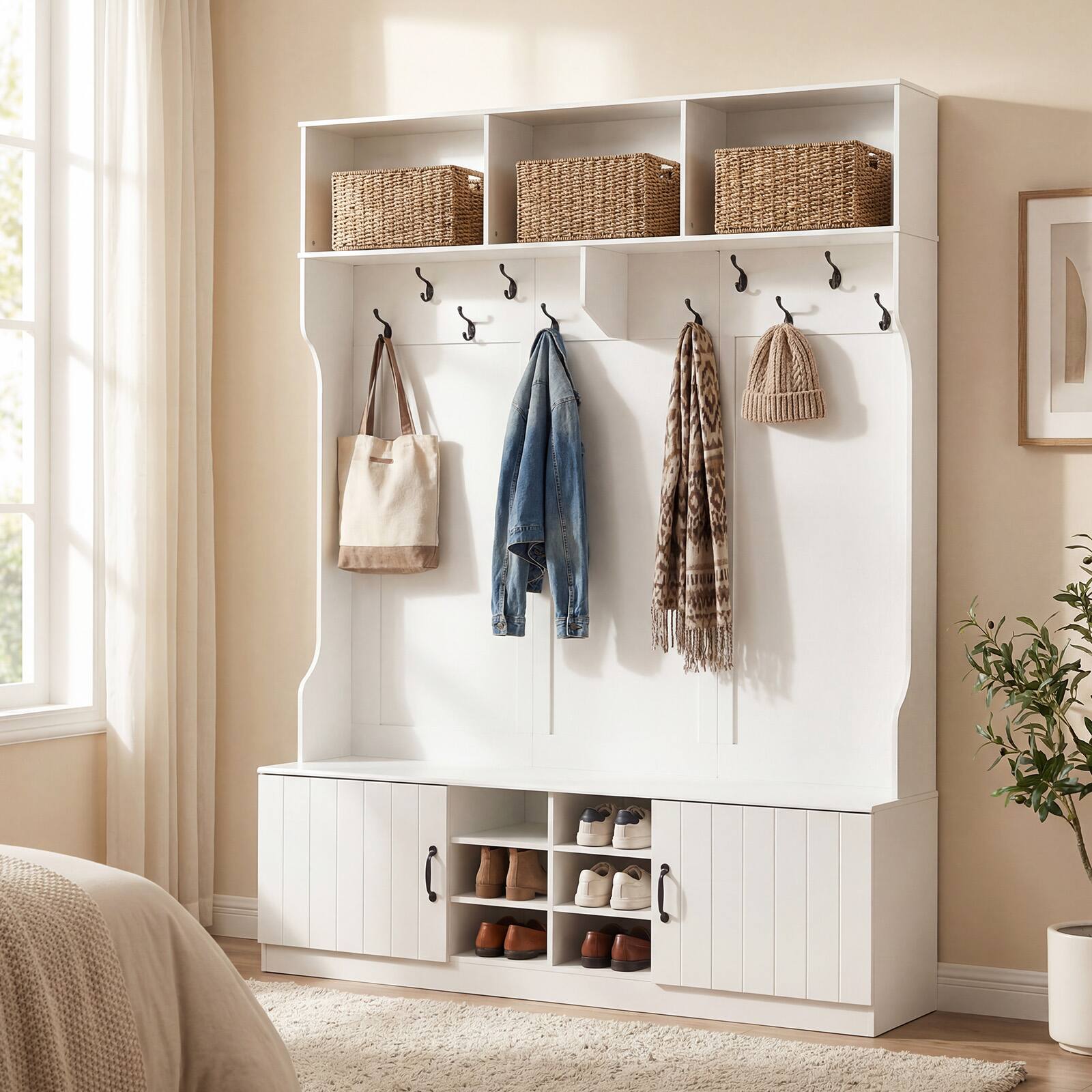 Alt View 1. Costway - Costway 6-in-1 Hall Tree wirh Bench Storage Adjustable Shelves Hanging Hooks Shoe Cubbies - White.