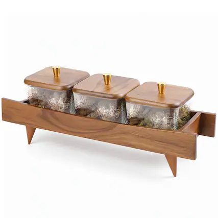 Front. Garnen - Wooden Serving Tray Snack Containers Glass Food Storage Containers With Lids, Snackle Box Canister Set For Spice Candy - Brown.