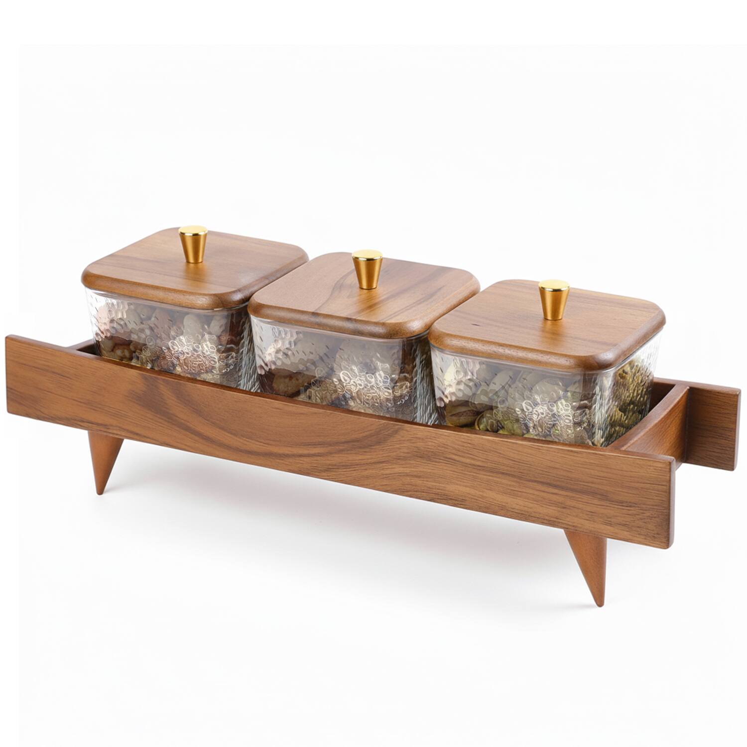Front. Garnen - Wooden Serving Tray Snack Containers Glass Food Storage Containers With Lids, Snackle Box Canister Set For Spice Candy - Brown.