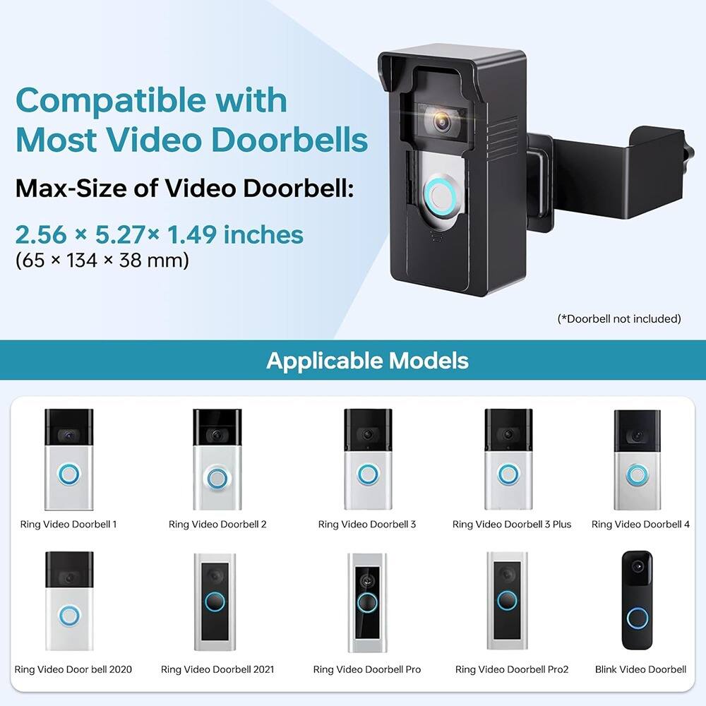 Compatible with Most Video Doorbells

Max-Size of Video Doorbell:  
2.56 x 5.27 x 1.49 inches  
(65 x 134 x 38 mm)  
(*Doorbell not included)

Applicable Models

- Ring Video Doorbell 1
- Ring Video Doorbell 2
- Ring Video Doorbell 3
- Ring Video Doorbell 3 Plus
- Ring Video Doorbell 4
- Ring Video Doorbell 2020
- Ring Video Doorbell 2021
- Ring Video Doorbell Pro
- Ring Video Doorbell Pro2
- Blink Video Doorbell