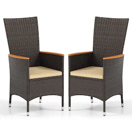 Costway - Patio Rattan Chairs Set of 2 with High Backrest & Acacia Wood Armrests, Cushion - Mix Brown,Beige
