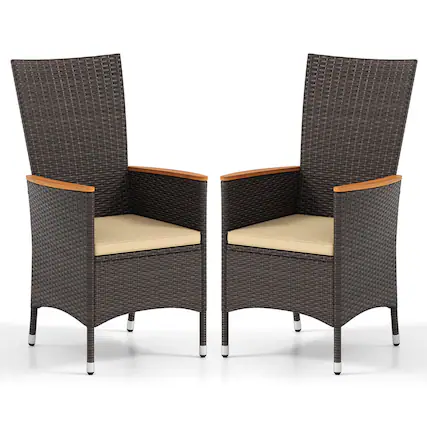 Front. Costway - Costway Patio Rattan Chairs Set of 2 with High Backrest & Acacia Wood Armrests, Cushion - Mix Brown,Beige.