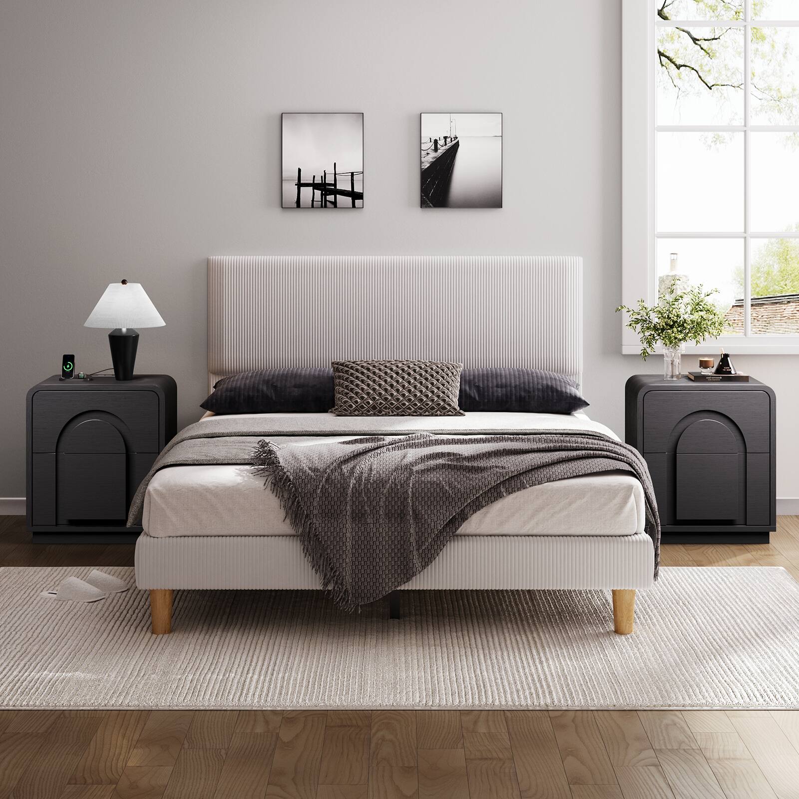 Back. Bestier - Nightstand with 2 Drawers, Charging Station & Arched Design, Embossed Bedroom End Table for Bedroom - Set of 2-Black Grained.