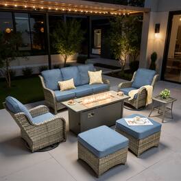Ovios - 7 PCS Patio Furniture High Back Sofa Set with 54" Fire Pit Table, Swivel Chairs & Ottoman - Denim Blue(Gray Wicker)