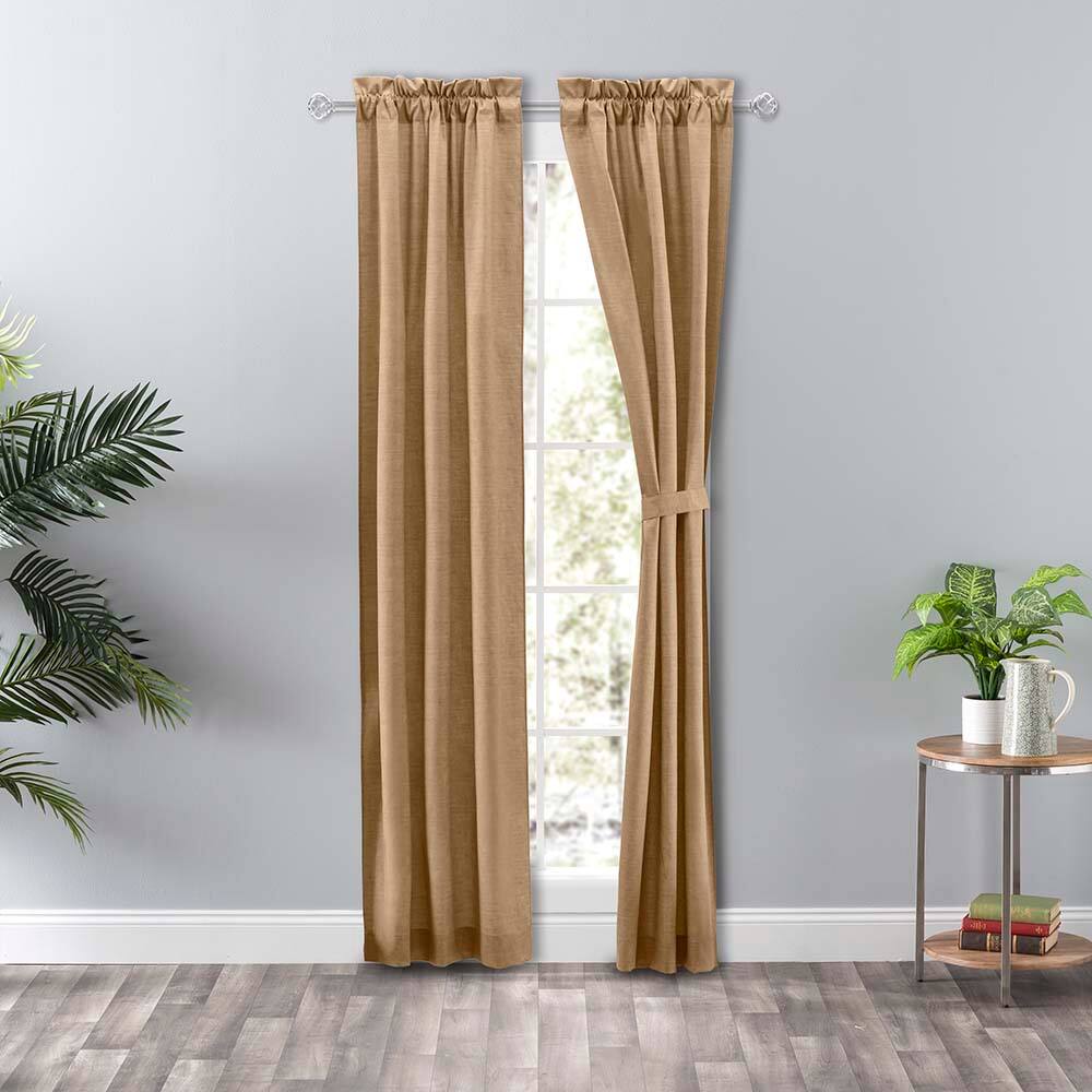 Angle. Ellis Curtain - Ellis Curtain Lisa Solid Color Poly 3" Rod Pocket Cotton Duck Fabric Tailored Panel Pair with Ties 56" x 63" Tan - Tan.