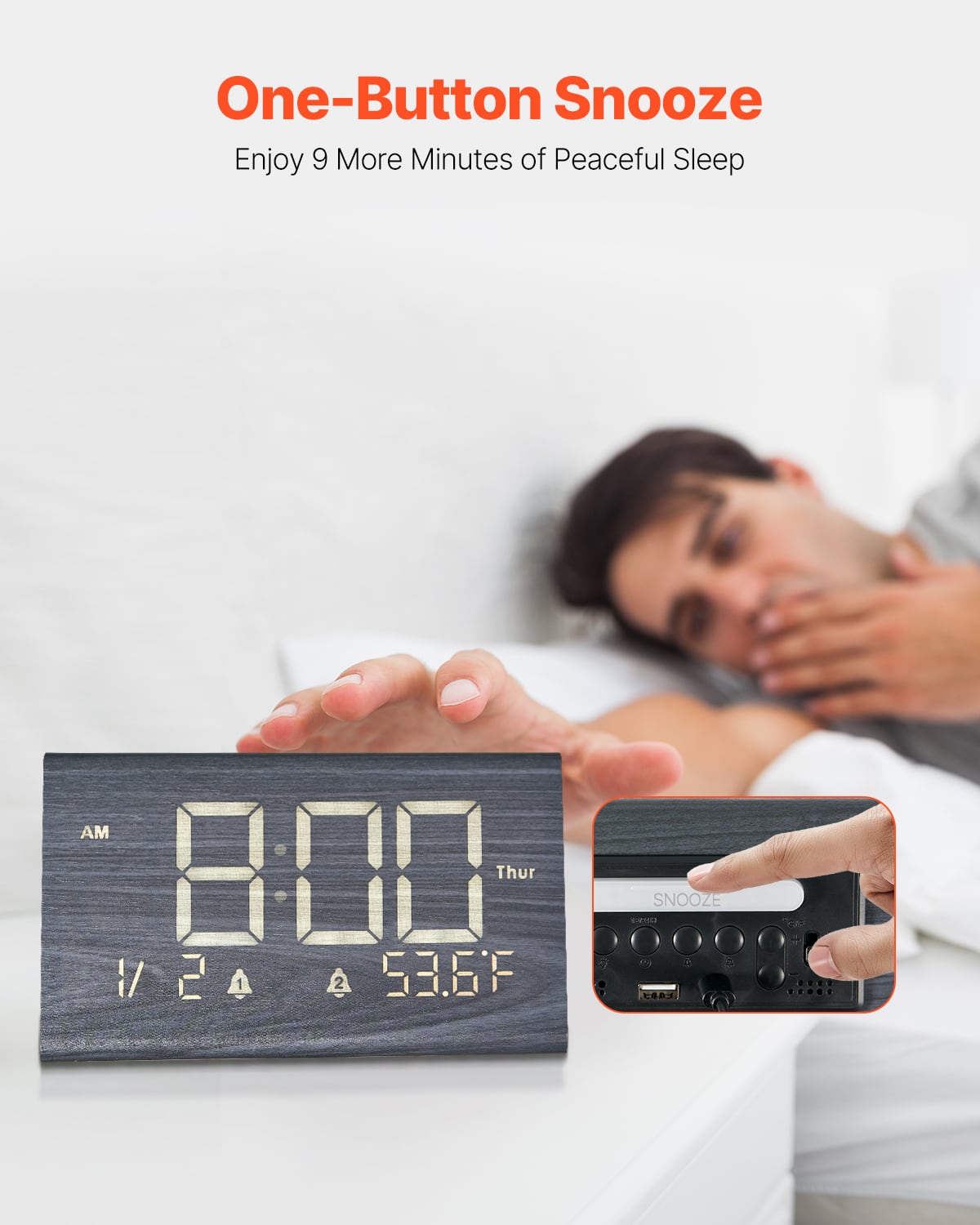 One-Button Snooze
Enjoy 9 More Minutes of Peaceful Sleep
AM 8:00
Thur 1/24
53.6°F