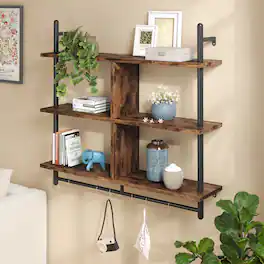 Bestier - 3 Tier Ladder Composite Decorative Wall Shelf Floating Display Organizer with Hanging Hooks - Rustic Brown