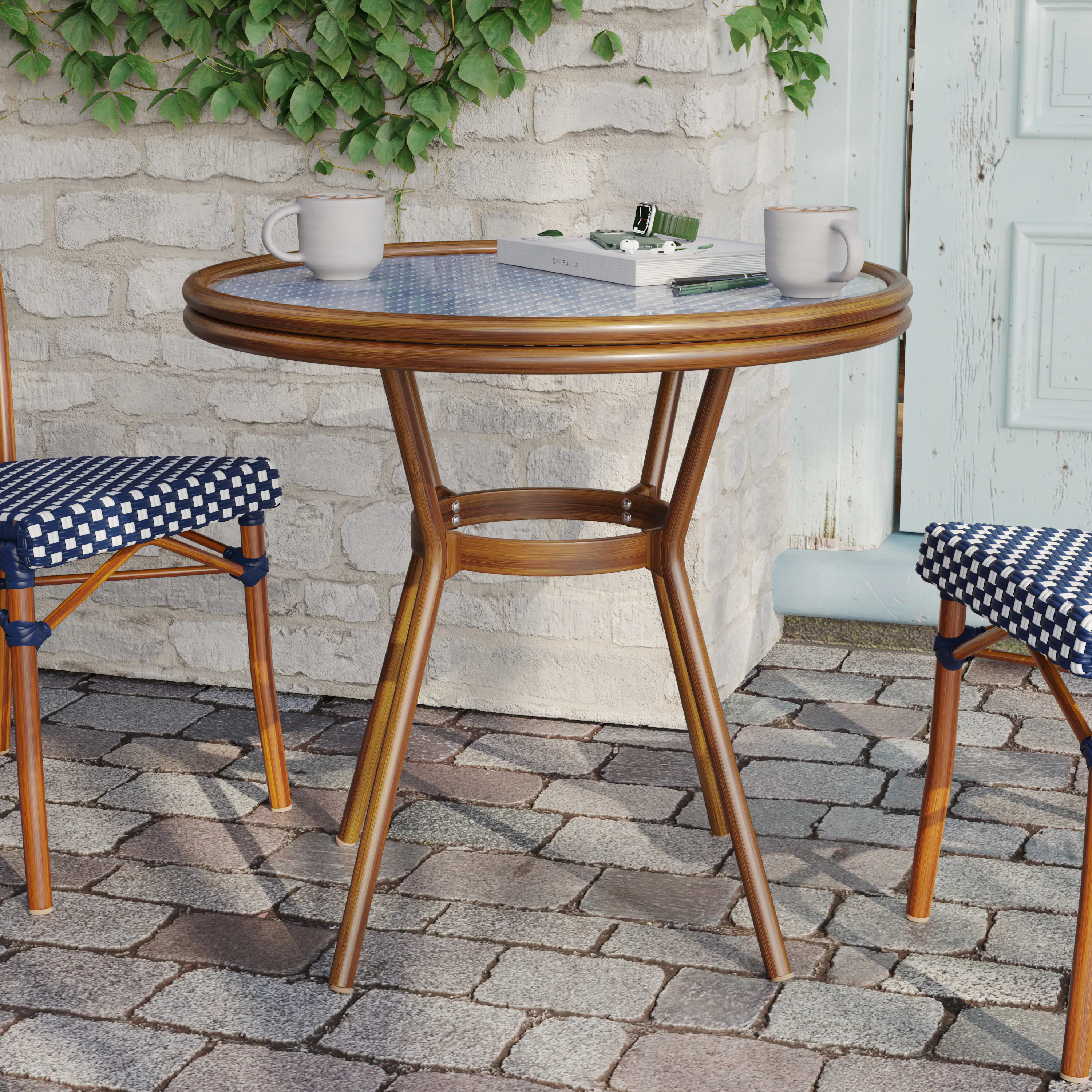 Alt View 1. Flash Furniture - Lourdes Indoor/Outdoor Commercial Bistro 31.5" Table, Navy and White PE Rattan, Glass Top, Bamboo Print Aluminum Frame i - Blue.