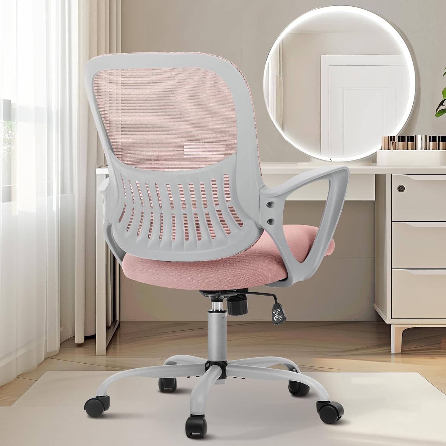 AOITUN - Ergonomic Office Chair, Mesh Desk Chair with Fixed Armrests for Home Office Standing Desk - Pink