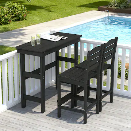 Front. Fortune Candy - HDPE Patio Bar Set, Outdoor Bar Stools with Table, Weather Resistant, for Poolside, Garden, Yard, Balcony (3 Piece) - Black.
