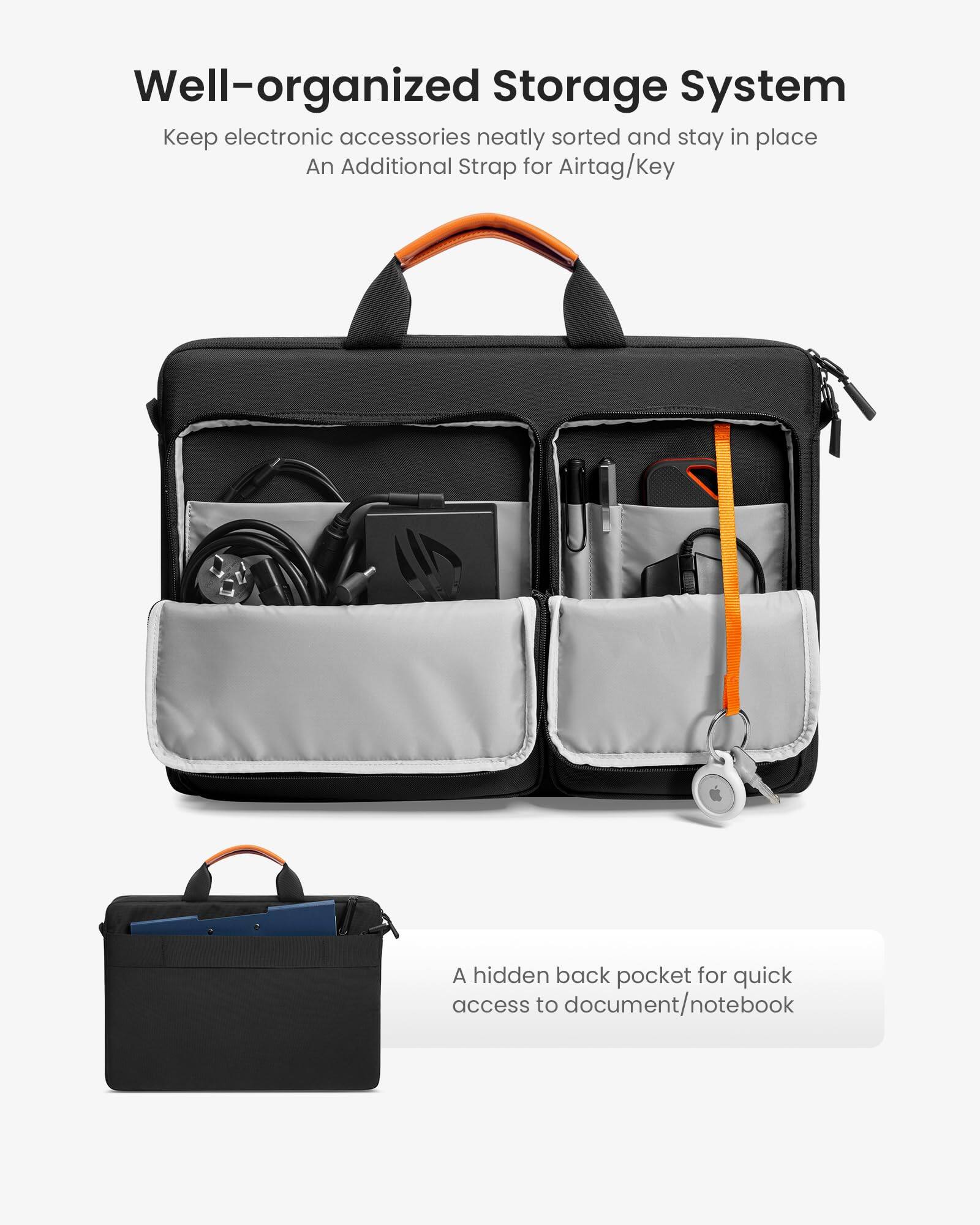 Well-organized Storage System  
Keep electronic accessories neatly sorted and stay in place  
An Additional Strap for AirTag/Key  

A hidden back pocket for quick access to document/notebook