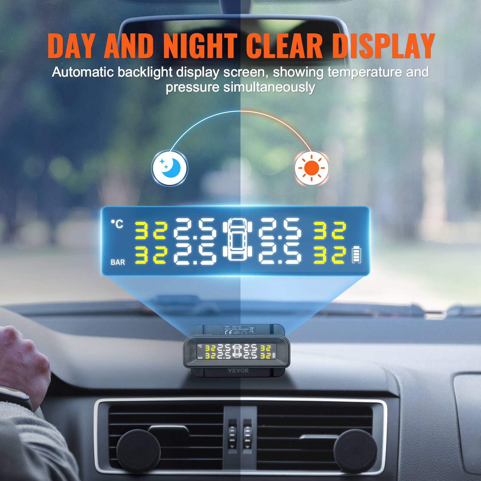 DAY AND NIGHT CLEAR DISPLAY  
Automatic backlight display screen, showing temperature and pressure simultaneously  

C 32 2.5  
BAR 32 2.5  

REATR  
Cf SE 8  
SE I VEVOR