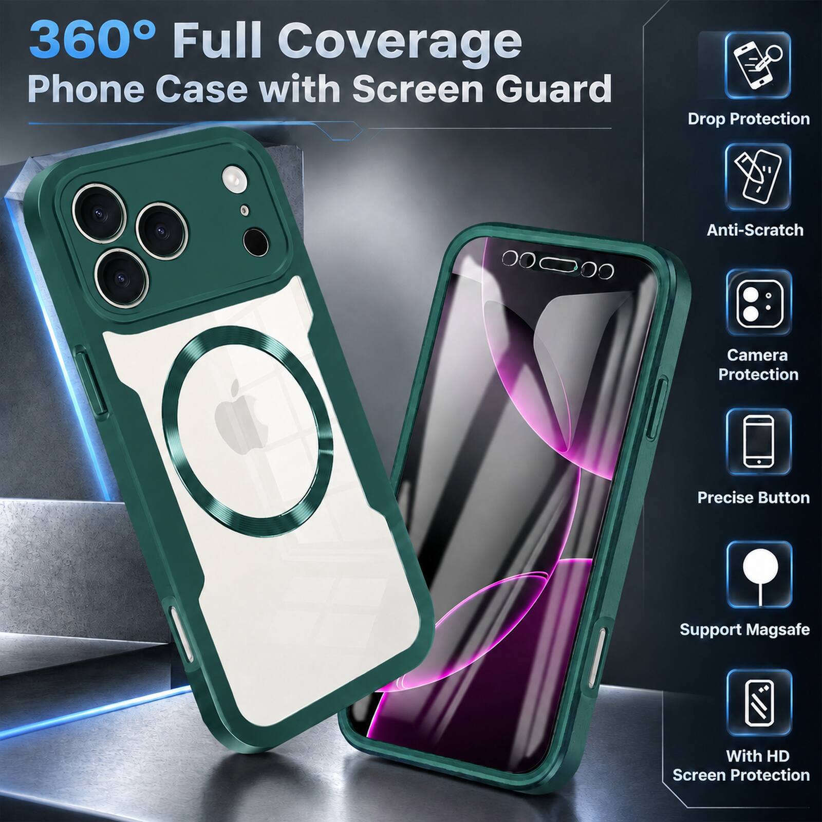 360° Full Coverage Phone Case with Screen Guard

- Drop Protection
- Anti-Scratch
- Camera Protection
- Precise Button
- Support Magsafe
- With HD Screen Protection