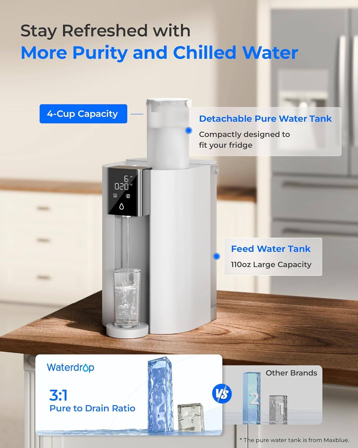 Stay Refreshed with More Purity and Chilled Water

4-Cup Capacity
Detachable Pure Water Tank
Compactly designed to fit your fridge

Feed Water Tank
110oz Large Capacity

Waterdrop
3:1 Pure to Drain Ratio

Other Brands
2:1

*The pure water tank is from Maxblue.