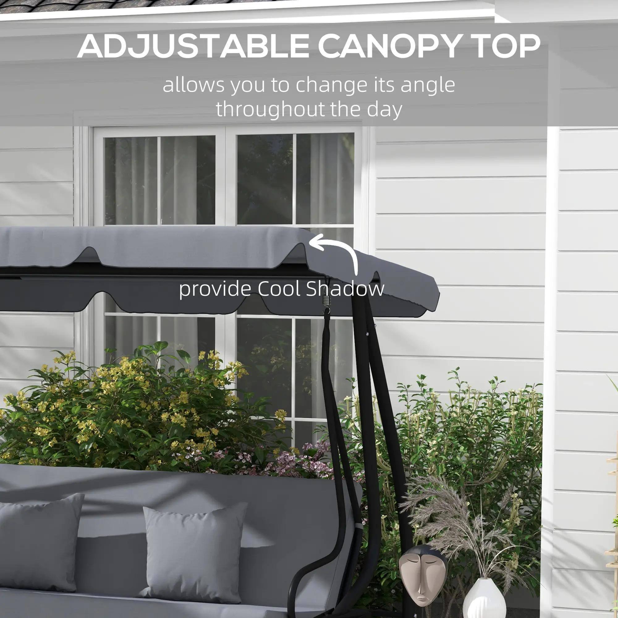 The text on the image can be grouped and corrected as follows:

"ADJUSTABLE CANOPY TOP allows you to change its angle throughout the day, providing cool shade."
