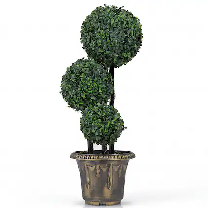 Front. Costway - Costway 1 PCS 2.5 FT Artificial Boxwood Topiary Tree, Sun-Protective Triple Ball Shrubs,Indoor - Green, Black, Golden.
