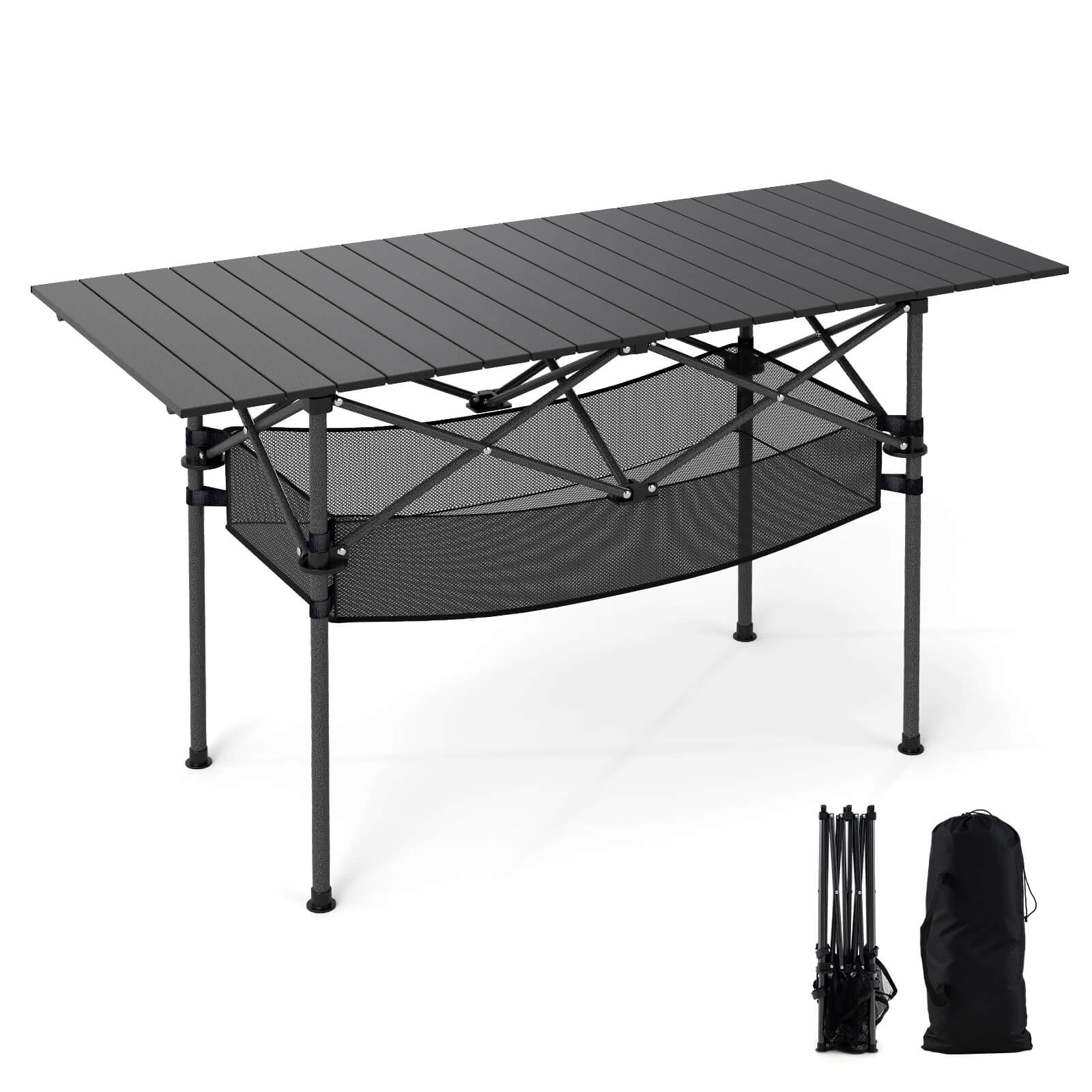 Alt View 9. Costway - Costway Patio Folding Camping Table with Aluminum Roll-up Tabletop & Mesh Basket - Black.