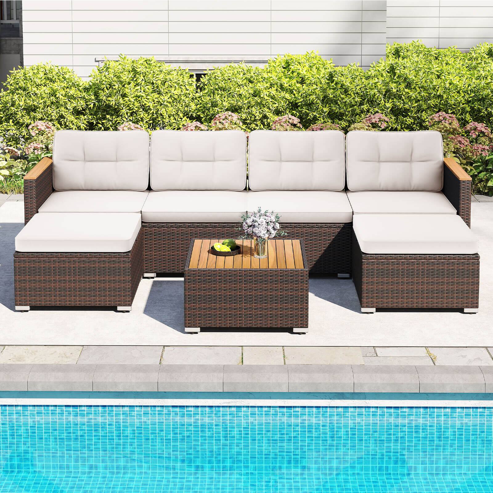 Alt View 4. Costway - Costway 7 PCS Wicker Conversation Set with Seat & Back Cushions Wood Armrests & Tabletop - Off White.