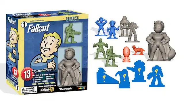 Fallout 13
Fallout: The Game
Made in China
3+
Nanoforce by Emce Toys
Plastic Figures
Includes 12 2" scale figures:
- 2 Vault Boys
- 2 Allies
- 2 Enemies
- 2 Artifacts
- 4 Mystery Figures
Plus: 1 Bonus 4" Scale Figure
Exclusive Figures from Fallout 76
Warning: Choking Hazard - Small Parts. Not for children under 3 years.