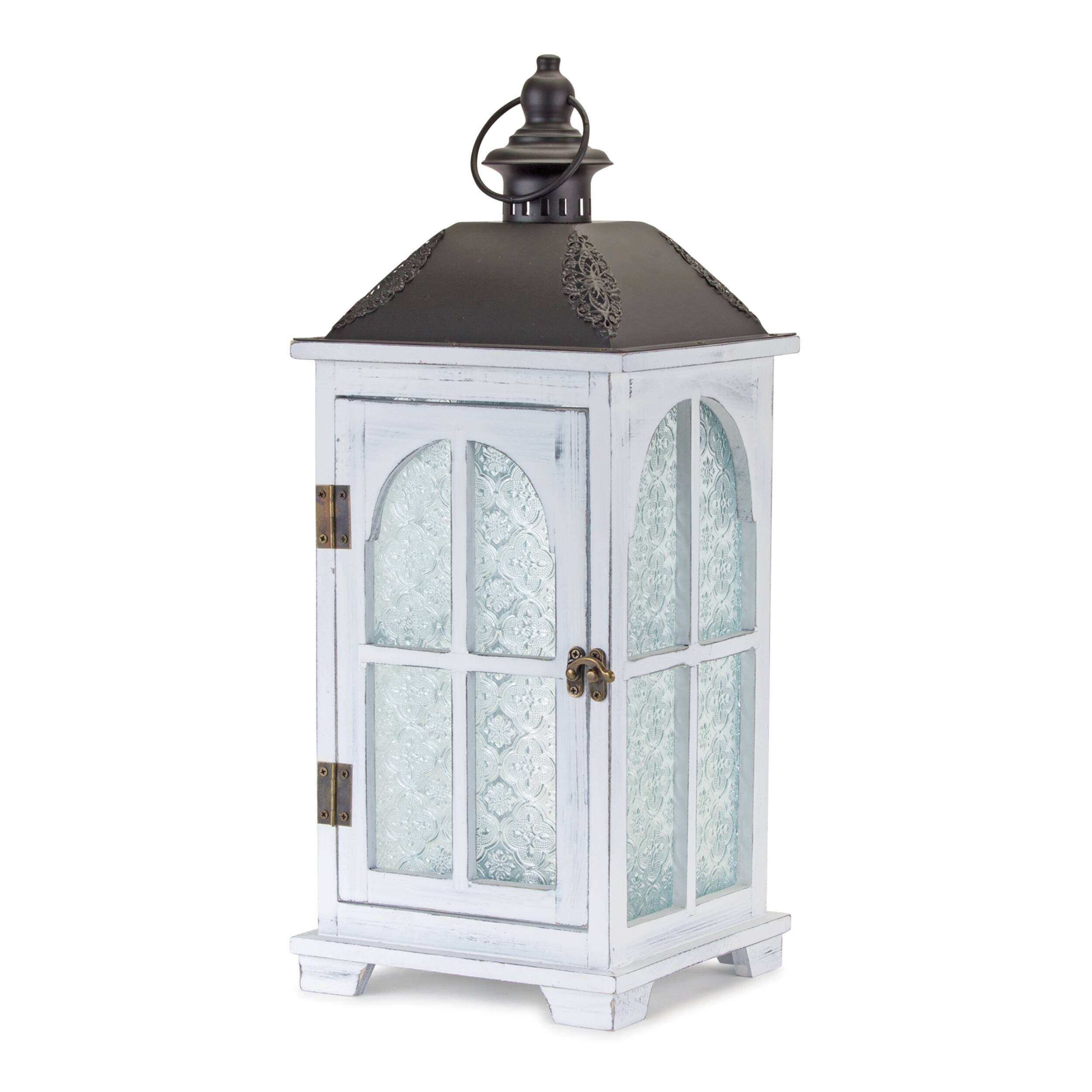 Angle. BreeBe - White Wood Lantern with Ornate Frosted Glass (Set of 2) - Black, White, Brown.