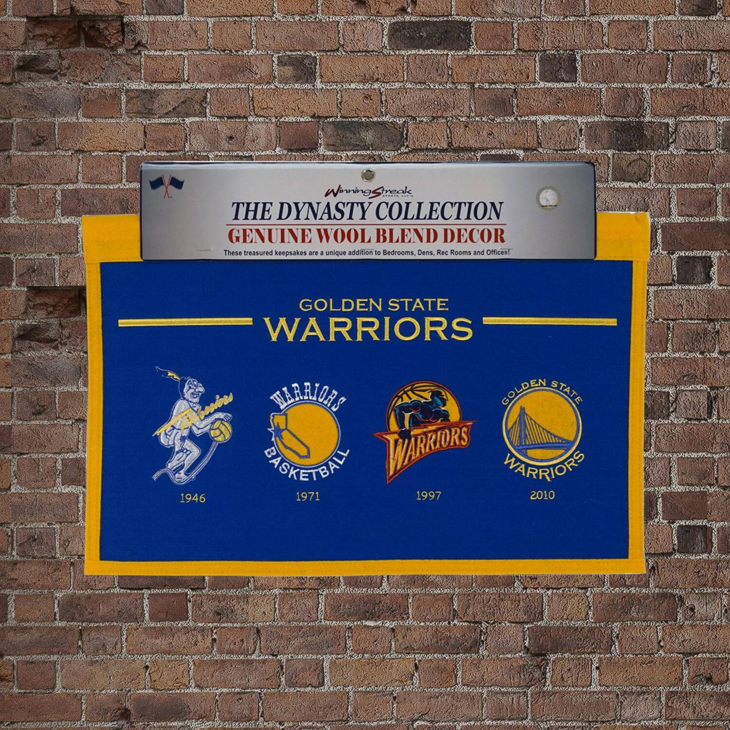 **The Dynasty Collection**  
Genuine Wool Blend Decor  
These treasured keepsakes are a unique addition to Bedrooms, Dens, Rec Rooms and Offices!

**Golden State Warriors**  
1946  
1971  
1997  
2010