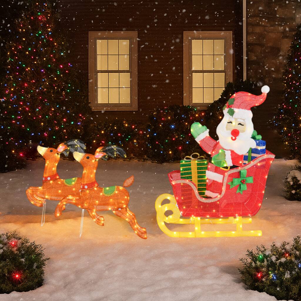 Angle. BreeBe - Christmas Sleigh with Reindeer and Santa LED Lit Lawn Décor - Brown.