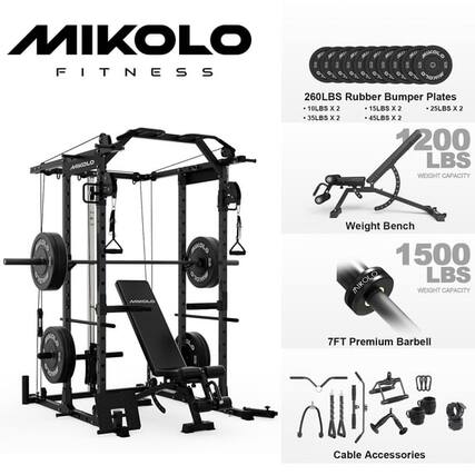 MIKOLO FITNESS
260LBS Rubber Bumper Plates
- 10LBS x 2
- 15LBS x 2
- 25LBS x 2
- 35LBS x 2
- 45LBS x 2
Weight Bench
- 1200 LBS WEIGHT CAPACITY
7FT Premium Barbell Cable Accessories
- 1500 LBS WEIGHT CAPACITY