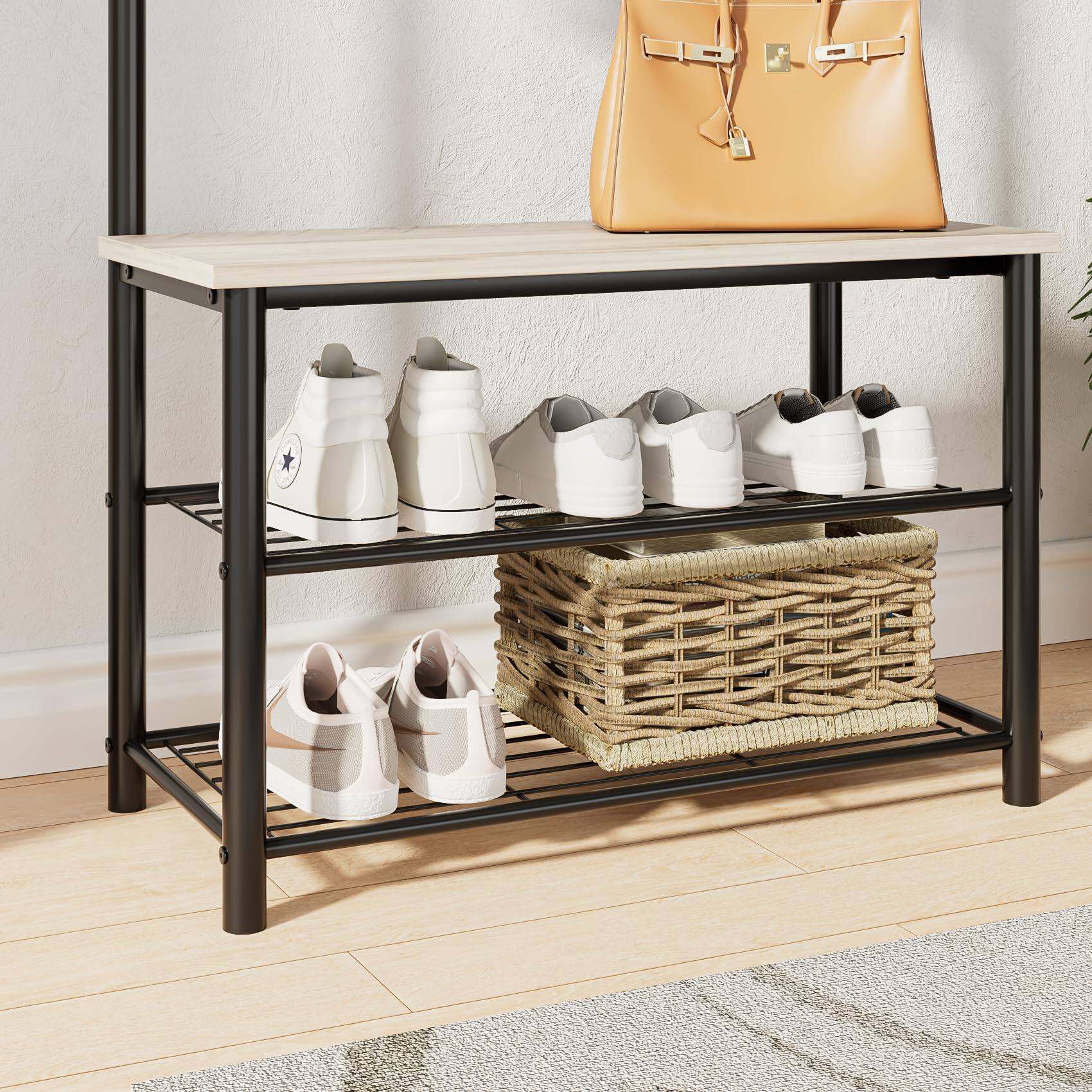 Alt View 5. Hirose Alice - Hall Tree with Bench and Shoe Storage -in-Coat Rack Freestanding Wooden Coat Rack with Shoe Bench with Meta... - Greige.