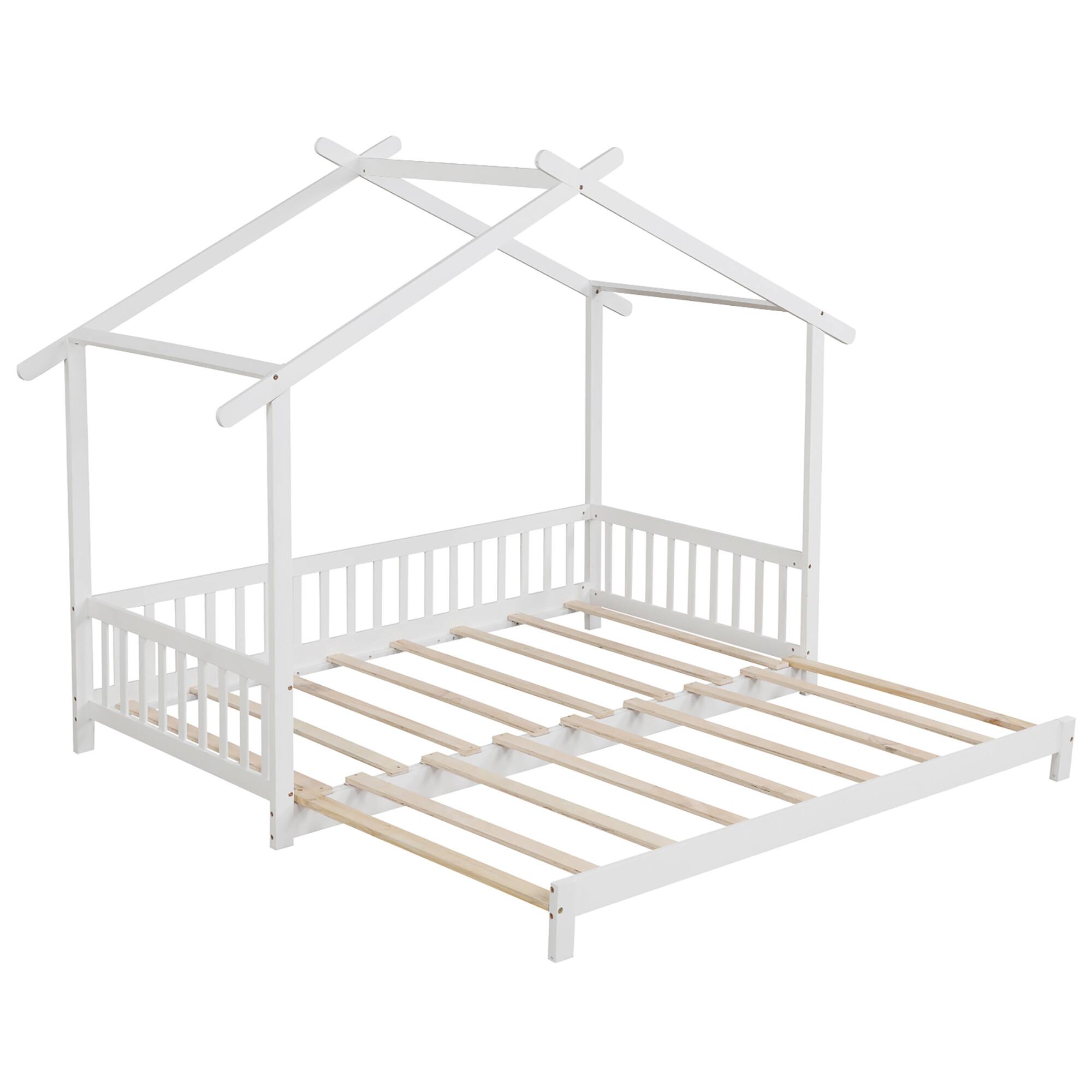 Alt View 9. Gymax - Gymax Wooden House Bed Twin to King Daybed w/ Safety Rails & Decorable Roof White - White.
