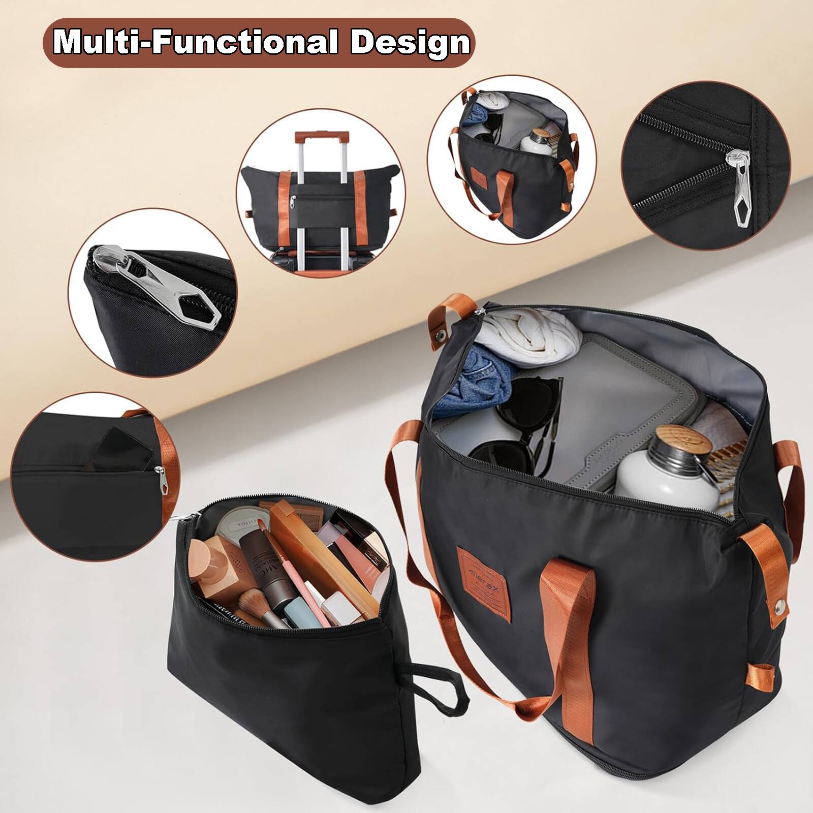 Multi-Functional Design

- Travel bag with wheels and handle
- Cosmetic bag with multiple compartments
- Zipper detail
- Small pouch with zipper
- Shoe compartment
- Makeup organizer