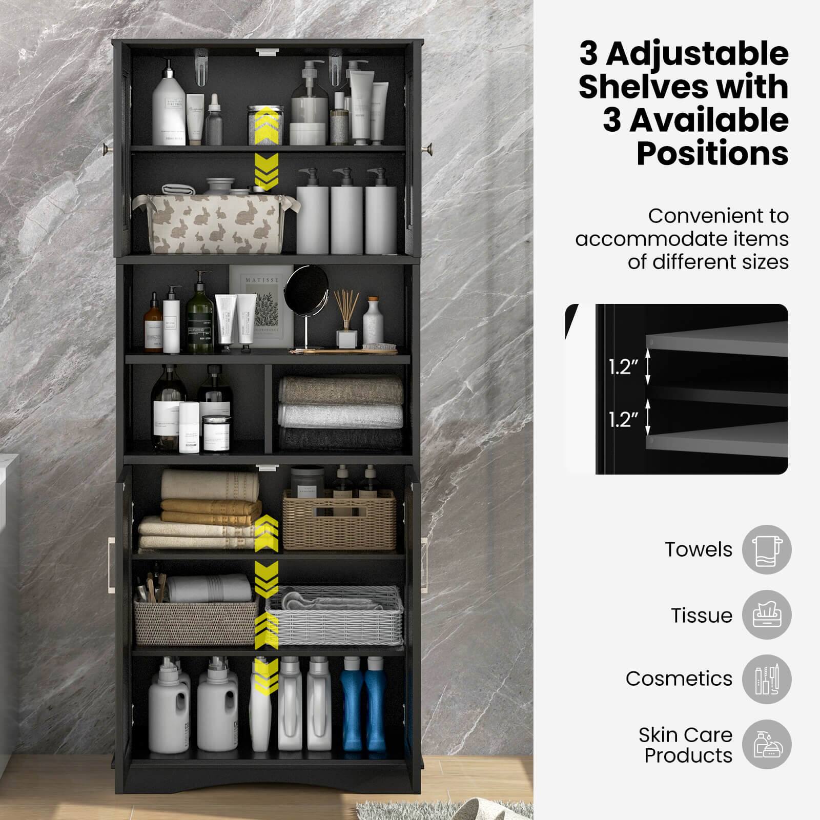 3 Adjustable Shelves with 3 Available Positions: Matisse Convenient to accommodate items of different sizes. 1.2" 1.2" Towels Tissue Cosmetics Skin Care Products.