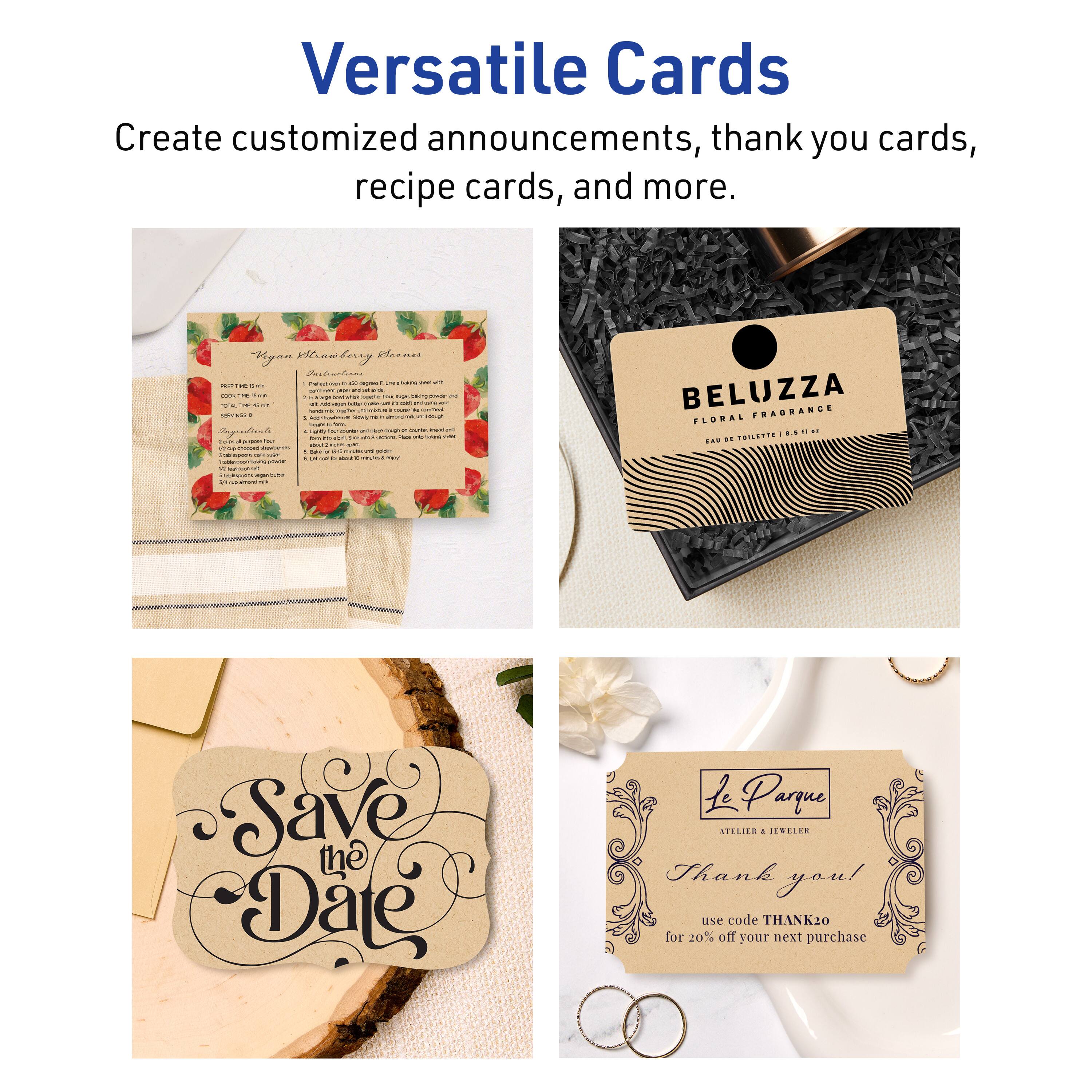 Versatile Cards

Create customized announcements, thank you cards, recipe cards, and more.

BELUZZA  
FLORAL FRAGRANCE  
EAU DE TOILETTE 3.4 FL OZ

Save the Date

Le Parque  
ATELIER & JEWELER

Thank you!  
use code THANK20 for 20% off your next purchase