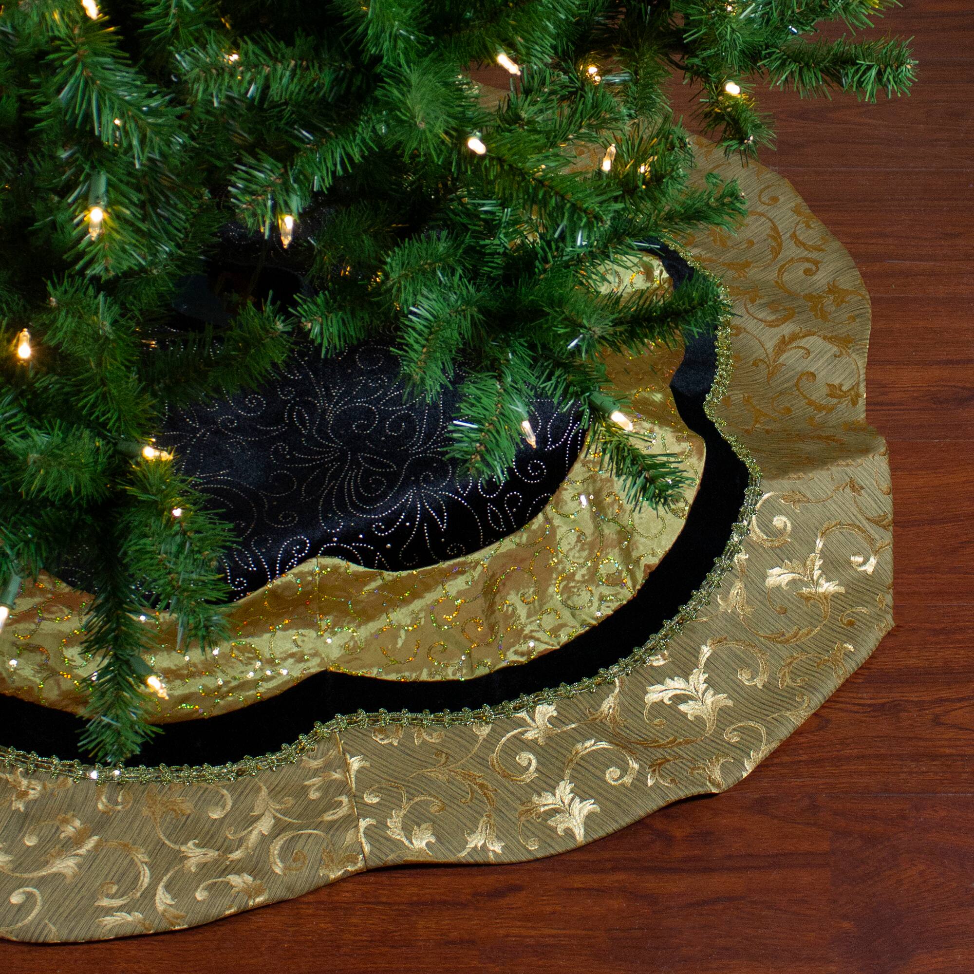 Front. Northlight - 48" Black and Gold Velveteen Floral Scallop Christmas Tree Skirt - Black.