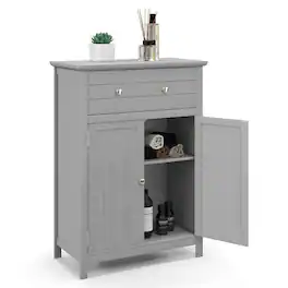 Gymax - Bathroom Floor Cabinet Wooden Storage Organizer with Drawer & Doors Blcak - Gray