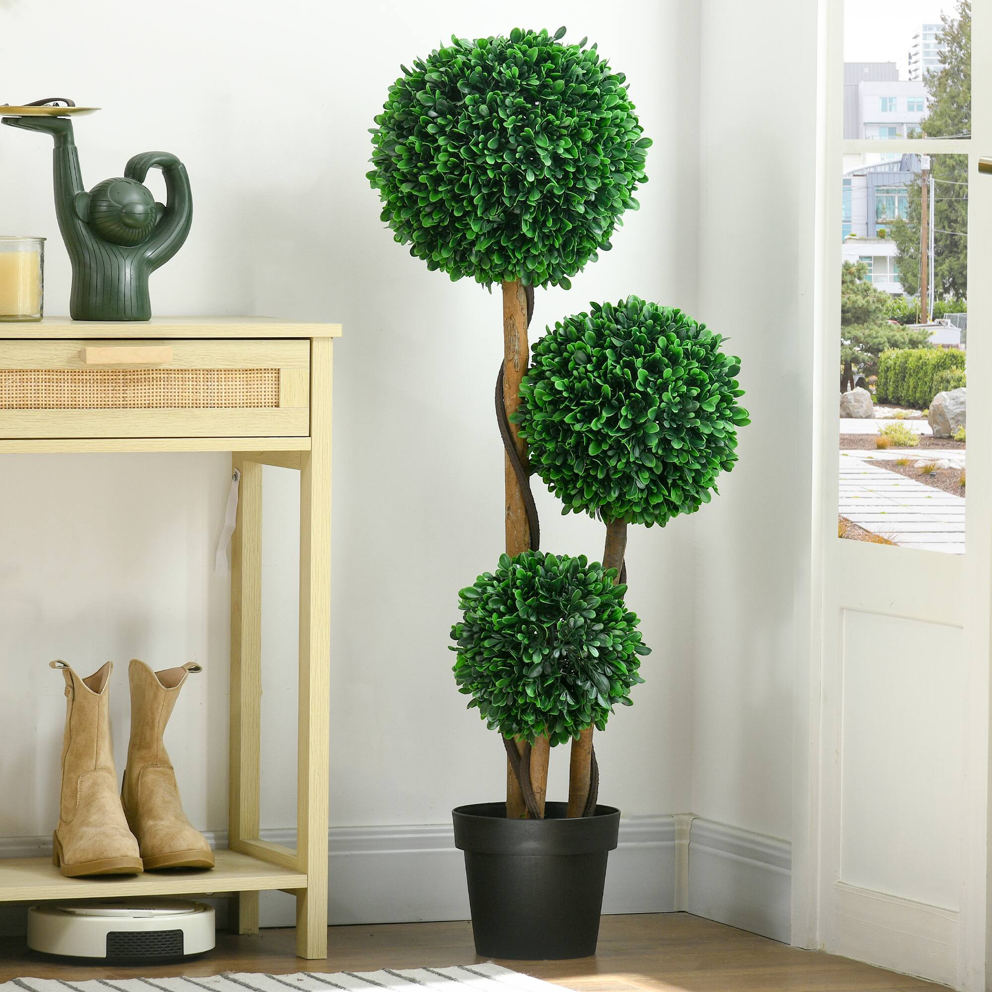 Alt View 1. Homcom - Artificial Tree, Triple Ball Boxwood Topiary with Pot and Sandalwood Leaves - Green.