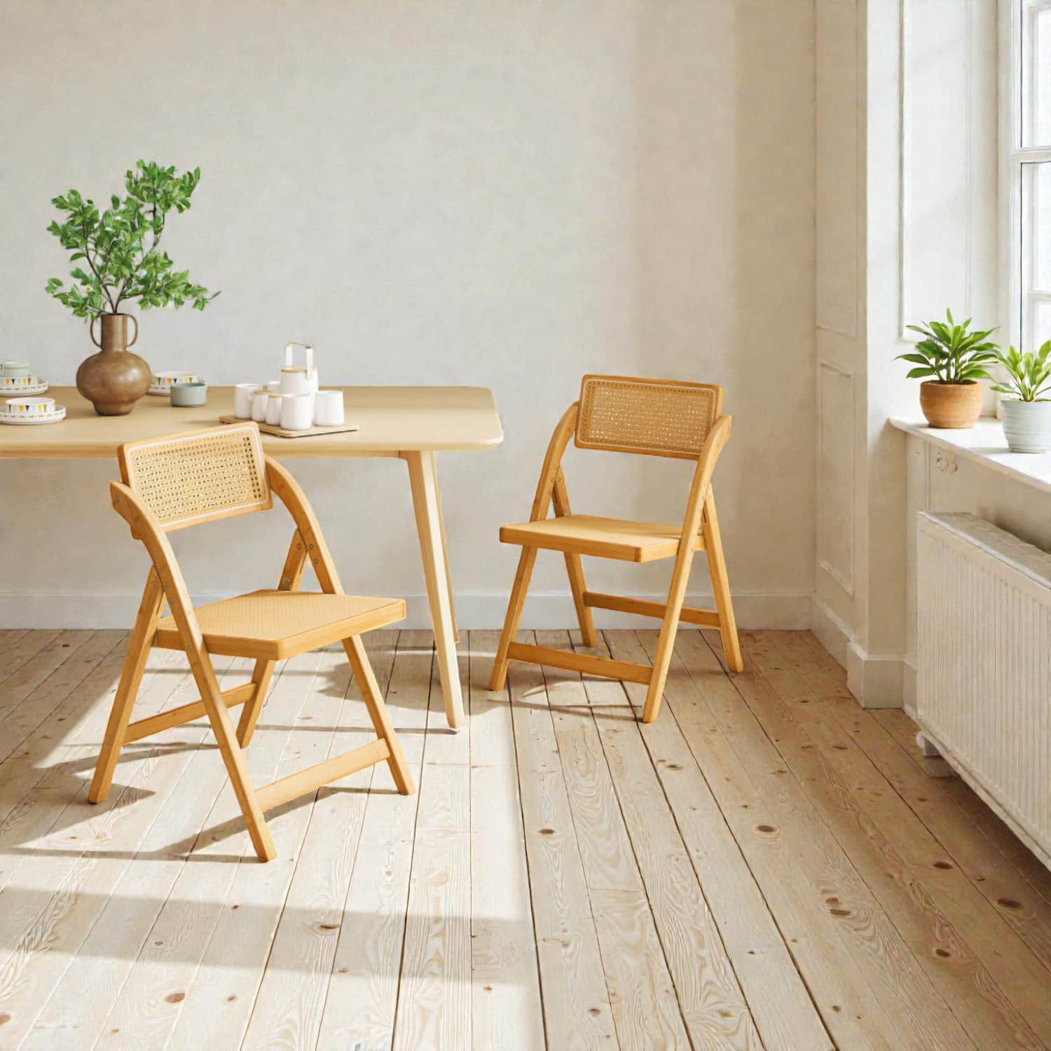 Hivvago - Rattan Cane Foldable Chairs in a Set of Two with Moveable Backrests - Natural