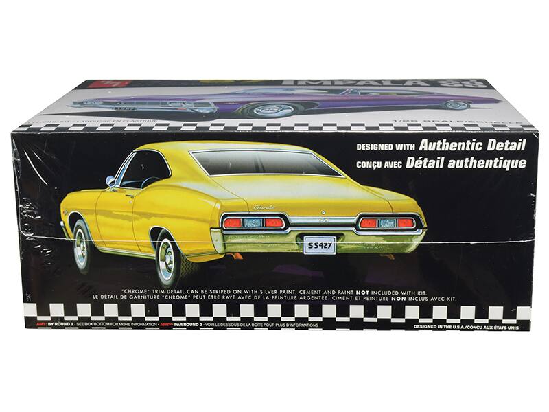 Sure, here is the corrected and grouped text from the image:

---

**IMPALA SS427**

**DESIGNED WITH Authentic Detail**  
**CONÇU AVEC Détail authentique**

**"CHROME" TRIM DETAIL**  
**LE DÉTAIL DE GARNITURE "CHROME"**

**CAN BE STRIPED ON WITH SILVER PAINT**  
**PEUT ÊTRE RAYÉ AVEC DE LA PEINTURE ARGENTÉE**

**CEMENT AND PAINT NOT INCLUDED WITH KIT**  
**CIMENT ET PEINTURE NON INCLUS AVEC KIT**

**AMT BY ROUND 2 - SEE BOX BOTTOM FOR MORE INFORMATION**  
**AMT PAR ROUND 2 - VOIR LE DESSOUS DE LA BOITE POUR PLUS D'INFORMATIONS**

**DESIGNED IN THE U.S.A./CONÇU AUX ÉTATS-UNIS**

---

This text is organized to reflect the information on the packaging accurately.