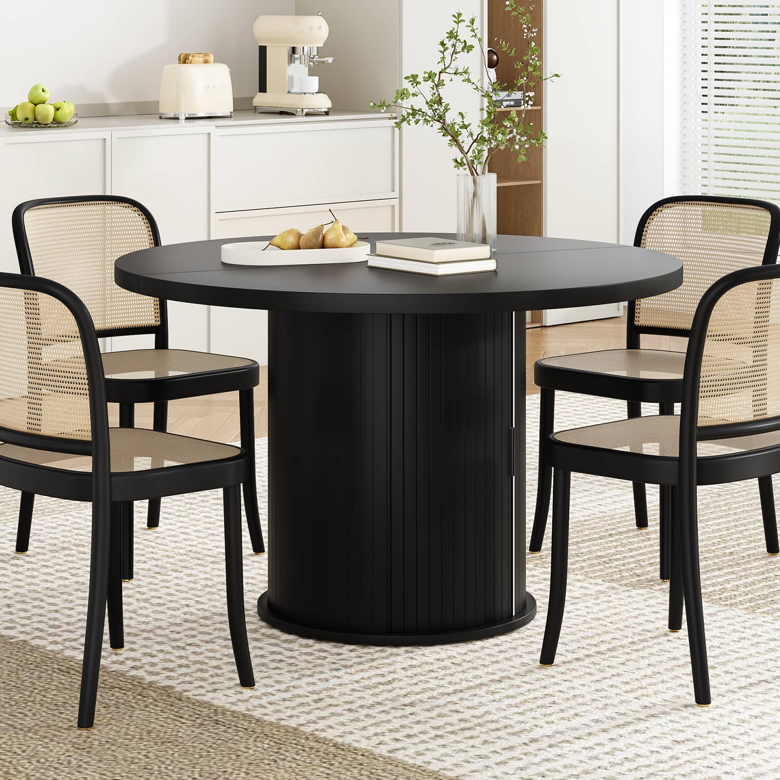 PexFix - 43" Round Dining Table for 4, Small Wood Kitchen Table with Sturdy Metal Base, Modern for Dining Room/Apartments - Black