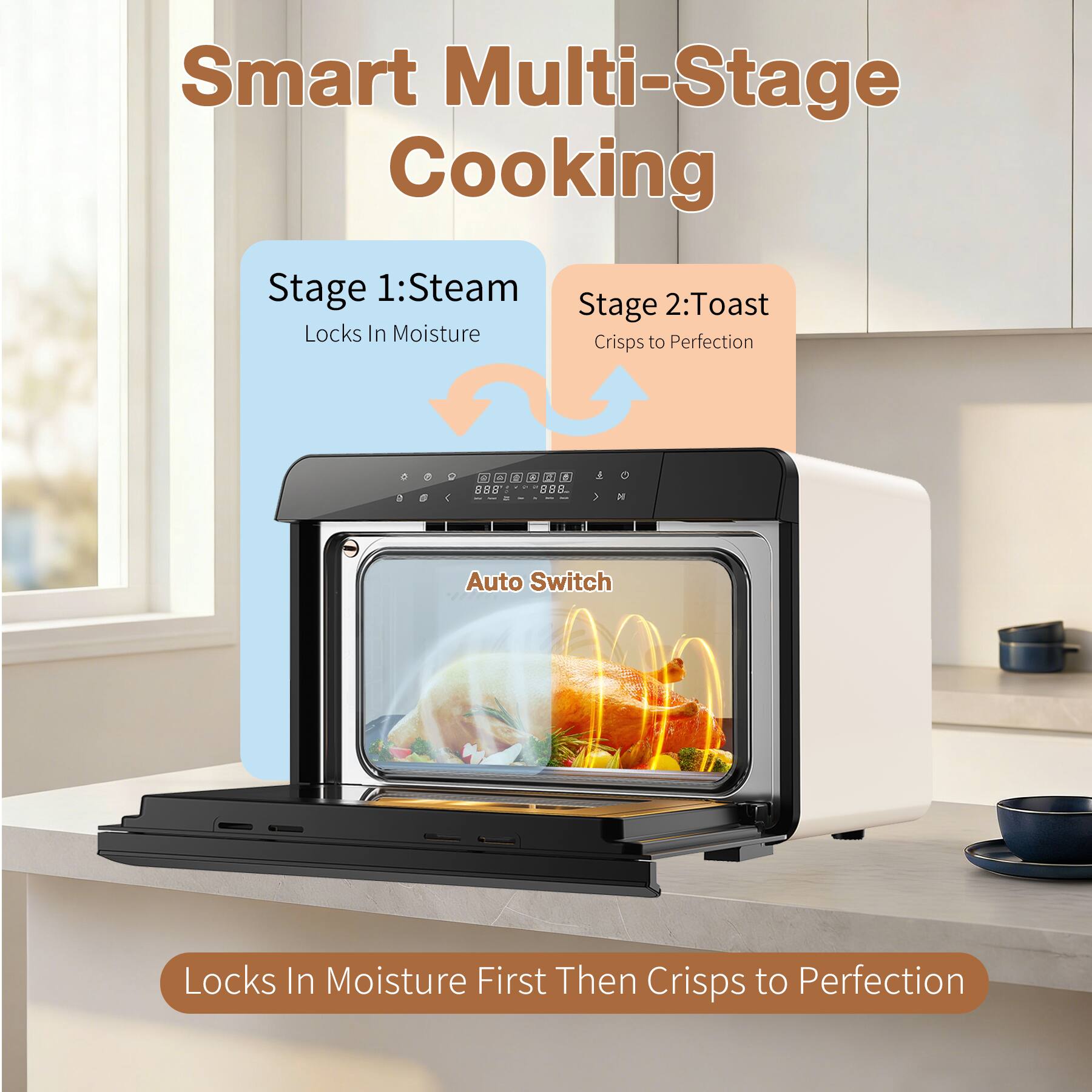 Smart Multi-Stage Cooking

Stage 1: Steam
Locks In Moisture

Stage 2: Toast
Crisps to Perfection

Auto Switch

Locks In Moisture First Then Crisps to Perfection