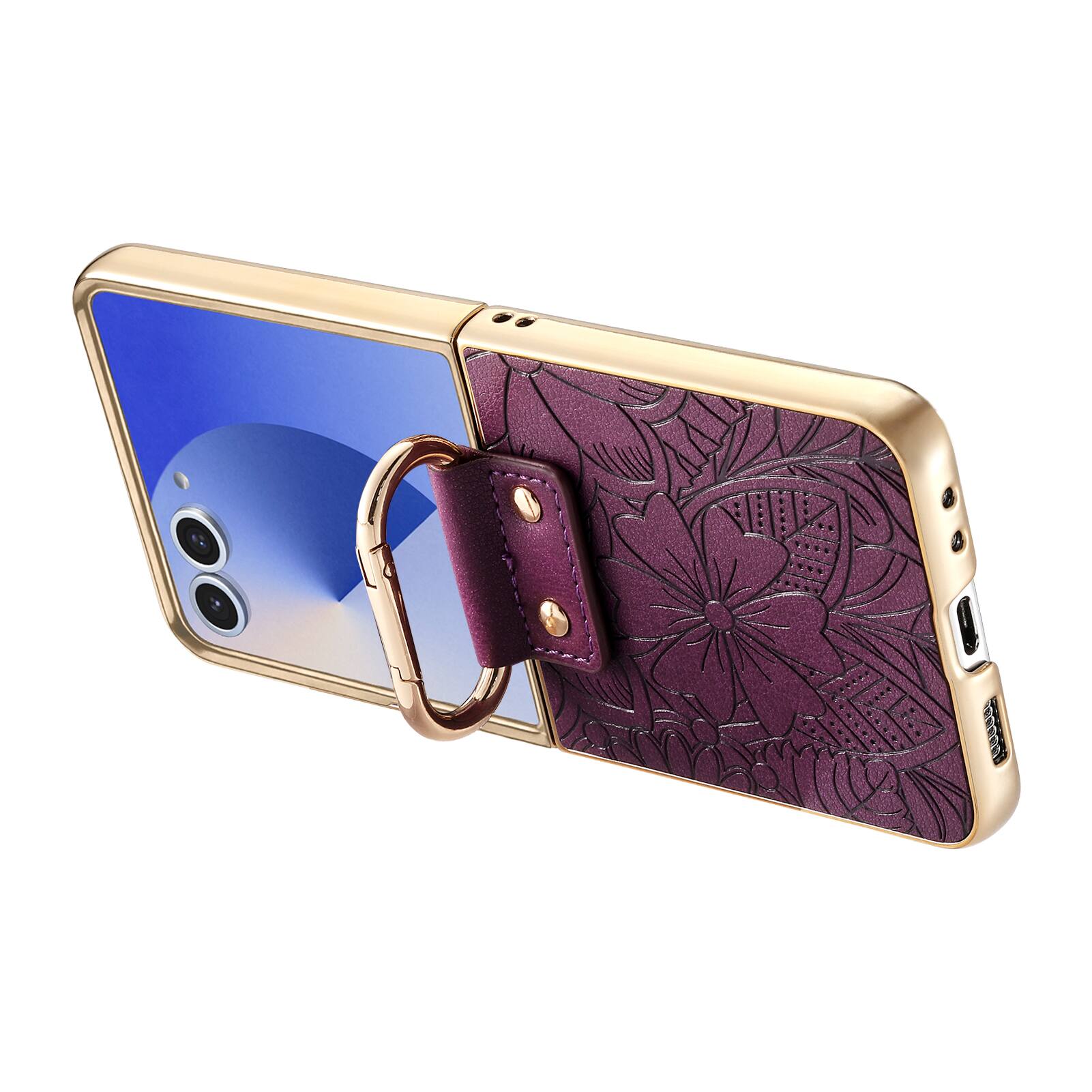 Back. Dteck - Shockproof Floral Leather Texture Case for Samsung Galaxy Z Flip8, Electroplated Rigid Plastic Cover with Ring Holder - Purple.