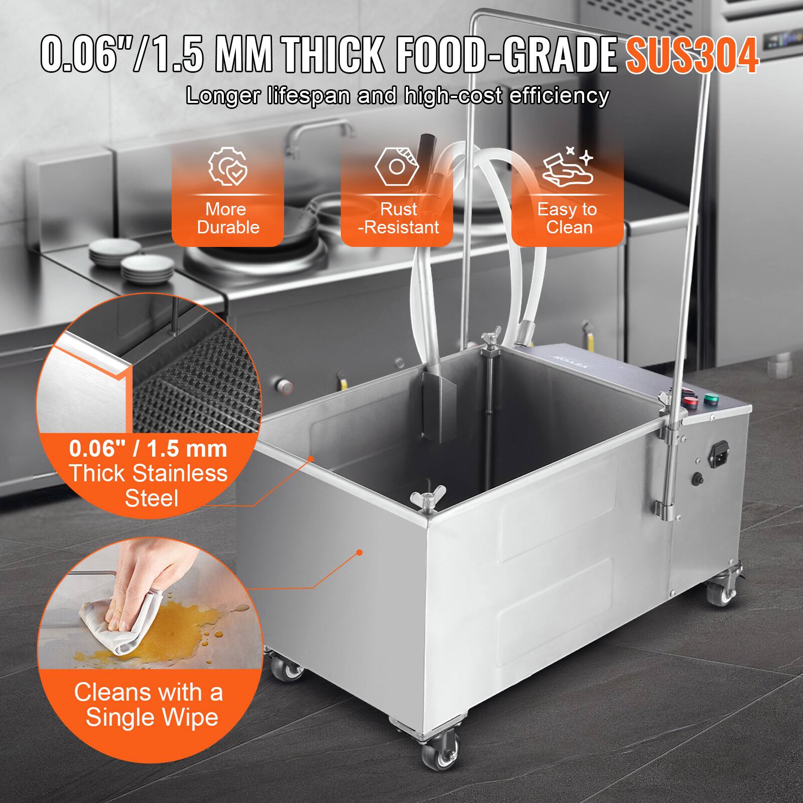 0.06"/1.5 MM THICK FOOD-GRADE SUS304  
Longer lifespan and high-cost efficiency  

- More Durable  
- Rust-Resistant  
- Easy to Clean  

0.06" / 1.5 mm Thick Stainless Steel  

Cleans with a Single Wipe